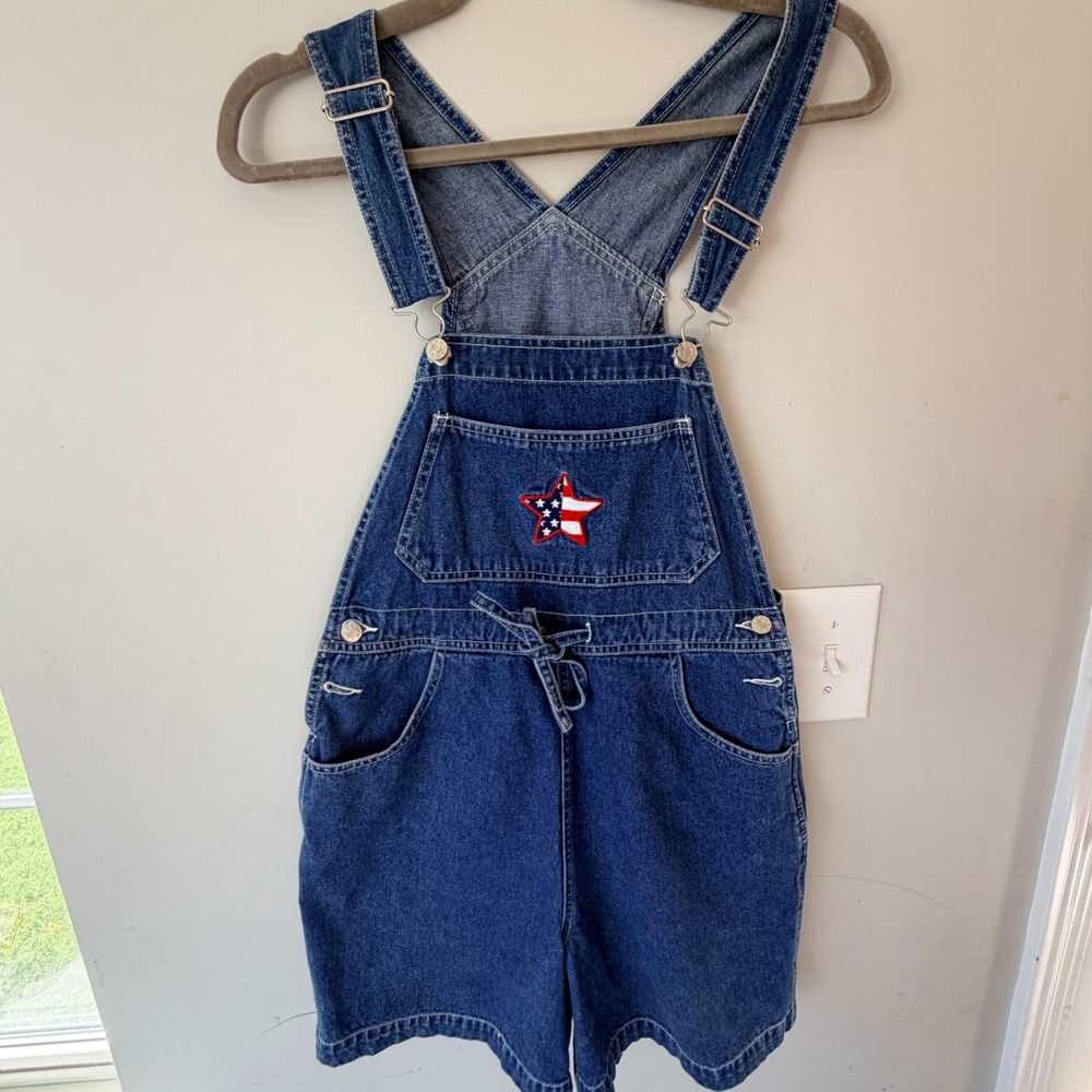 VTG Studio Denim Shortalls Women Small American Flag Star Patriotic Indie